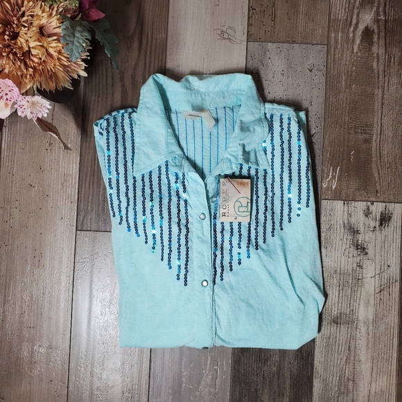 NWT Roper Blue Sequin Pearl Snap Button Down Shirt Women's Size XL - Picture 2 of 16
